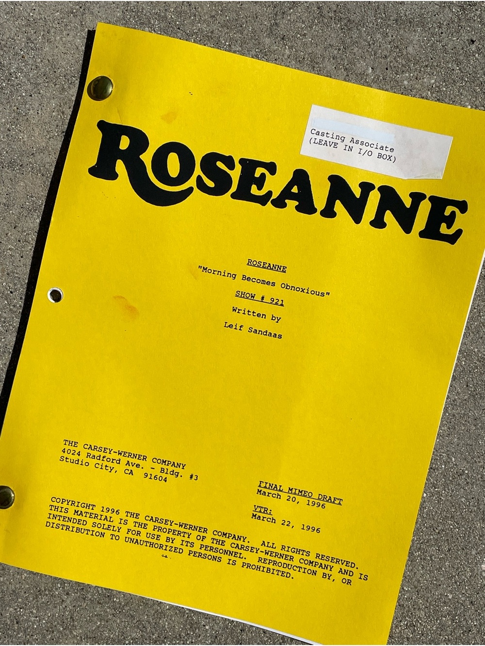 Roseanne Vtg 1996 Production Used Final Draft Script Morning Becomes Obnoxious